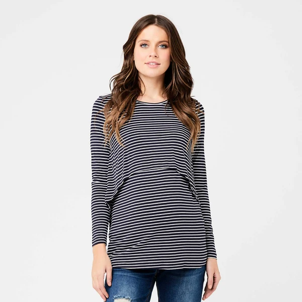 Long sleeve maternity top in black and white horizontal stripes with relaxed swing fit