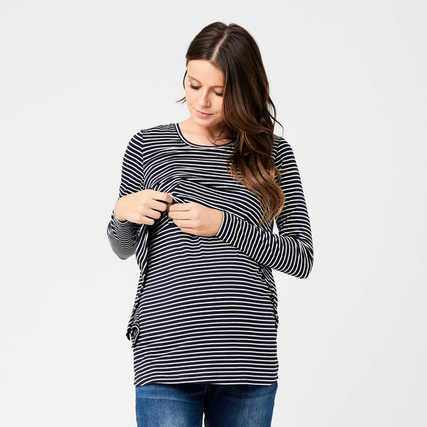 Model wearing navy and white stripe long sleeve nursing top with discreet front access panel