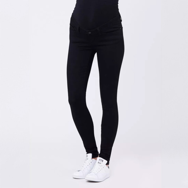 Black maternity jeggings with stretch denim fabric and comfortable elasticated waistband panel