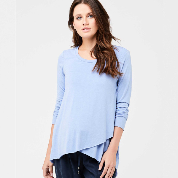 Sky blue marle long sleeve top with asymmetric raw edge hem and rounded neckline