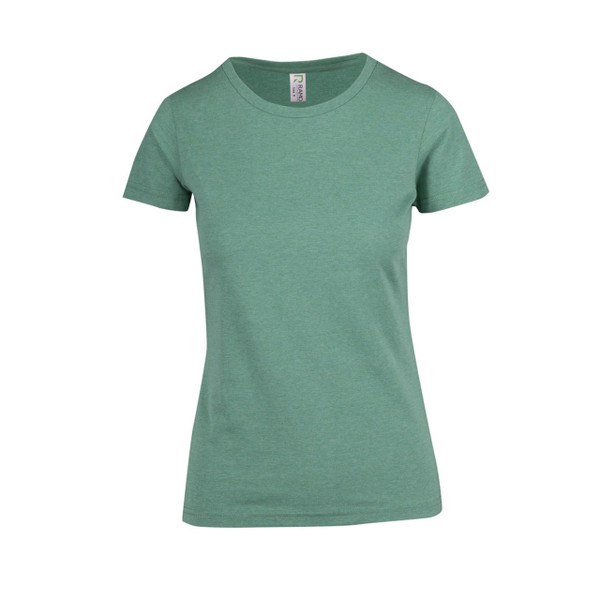 Sage green women's slim fit crew neck t-shirt with short sleeves on white background