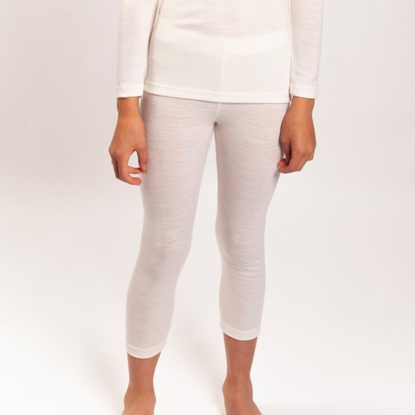 Kids white merino wool thermal leggings with fitted silhouette and cropped length