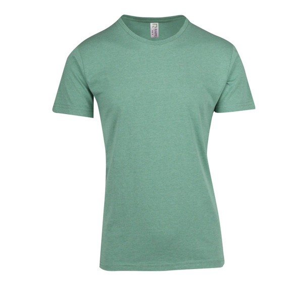 Heathered sage green crew neck t-shirt with short sleeves and modern fitted silhouette