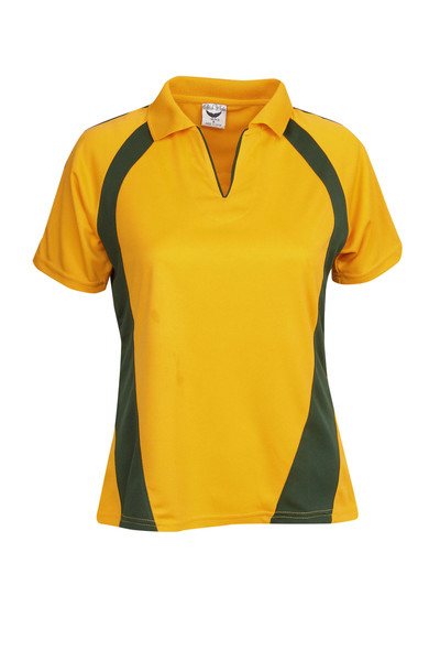 Gold+Bottle Grace Ladies Coolfast short sleeve polo shirt with mini waffle knit, ideal for activewear and team uniforms.