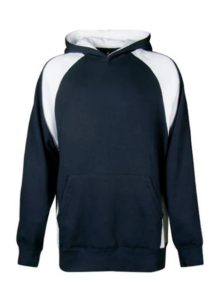 Navy hoodie with white contrast panels on shoulders and hood, featuring kangaroo pocket