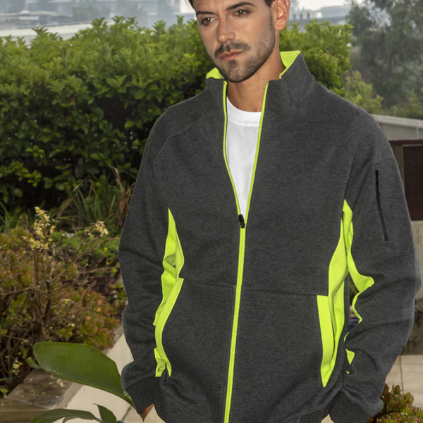 Charcoal grey high neck jacket with safety yellow contrast panels and full zip front
