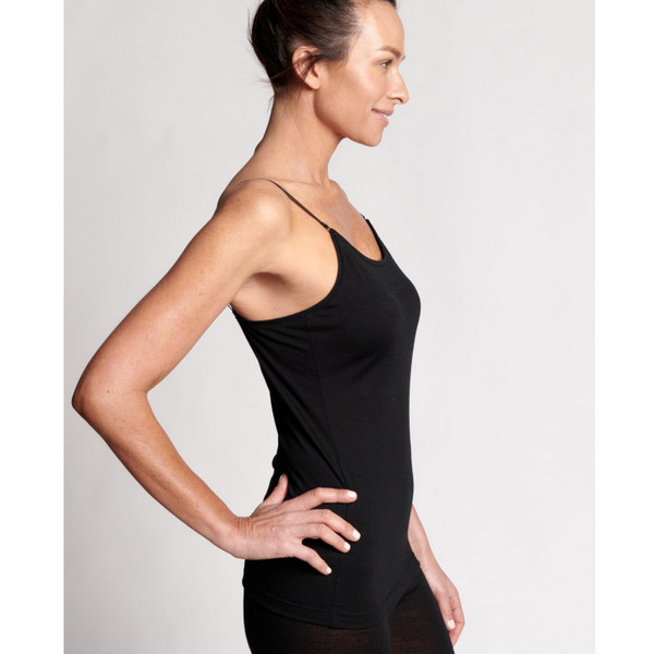 Black merino wool blend camisole with thin straps and fitted silhouette shown in side profile