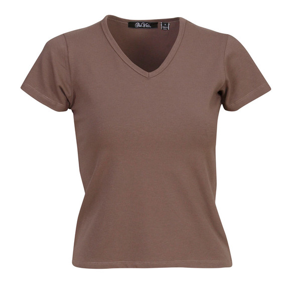 Women's taupe brown v-neck t-shirt with short sleeves and fitted silhouette
