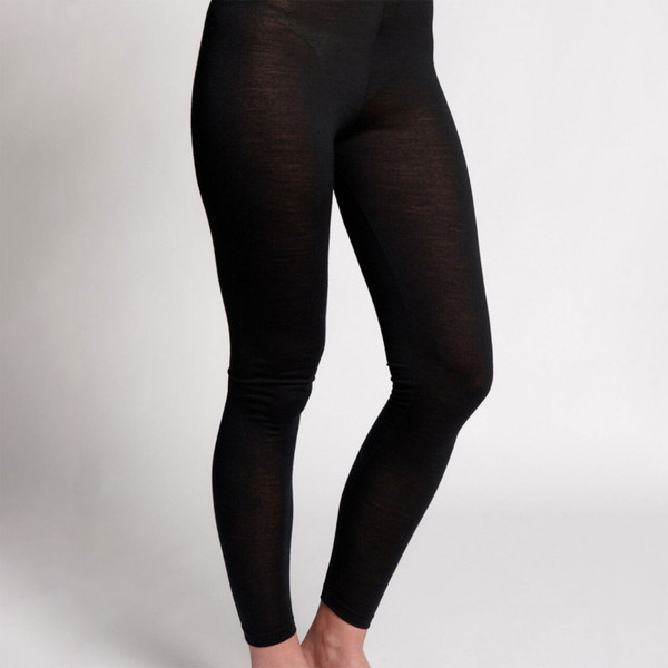 Black merino wool blend leggings with semi-sheer texture and fitted ankle-length silhouette