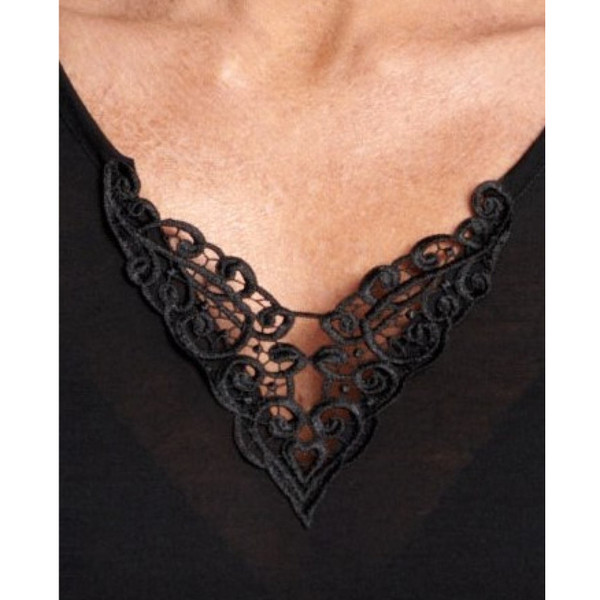 Black long sleeve top with ornate lace motif neckline detail in matching black embroidery