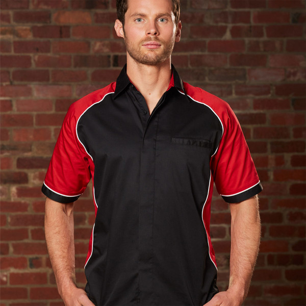 Black polo with red raglan sleeves and white piping contrast trim detail