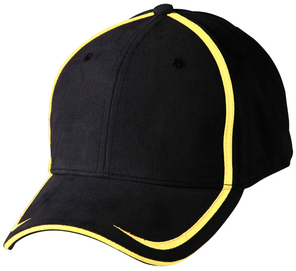 Black cotton twill cap with yellow contrast piping along crown seams and peak edge
