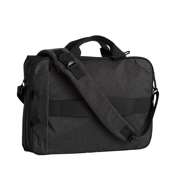 Charcoal heather laptop satchel with black patch panels, adjustable shoulder strap and carry handles
