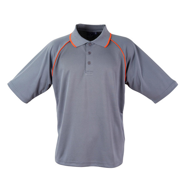 Steel grey men's raglan polo shirt with orange contrast piping on shoulders and three-button placket