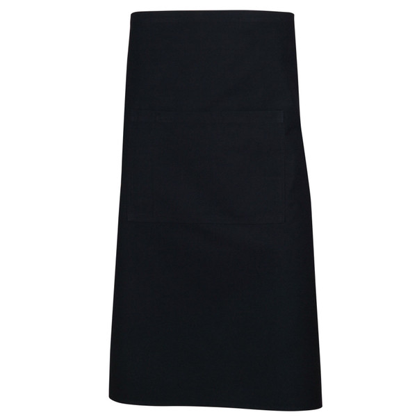 Black long waist apron with wide waistband and A-line silhouette