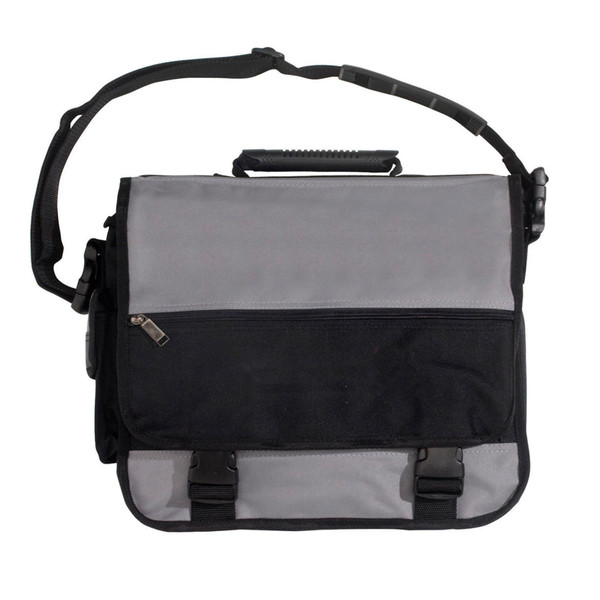 Grey and black conference satchel with adjustable shoulder strap, top carry handle, and front zippered pocket