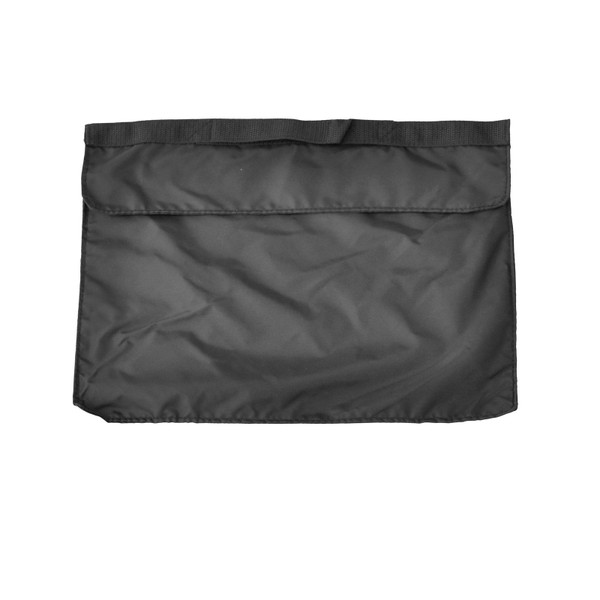 Black nylon satchel bag with flap closure and webbing waistband, flat lay packshot