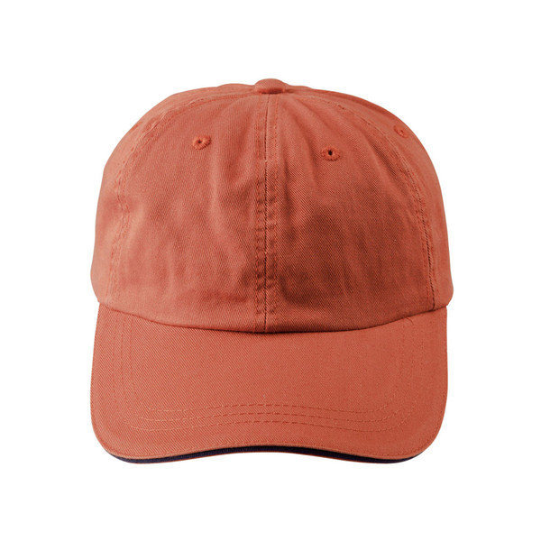 Terracotta washed cotton baseball cap with navy sandwich brim and unstructured low-profile crown