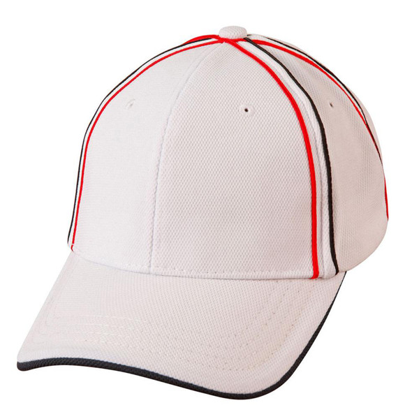 White structured cap with red and black contrast piping stripe detail on crown and brim edge