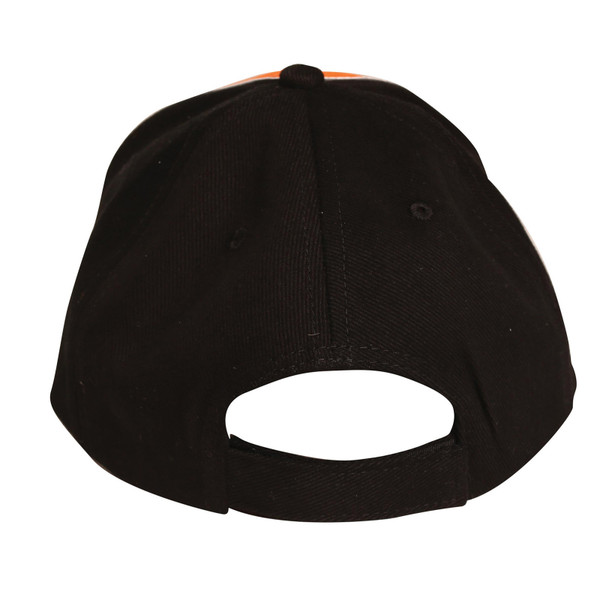Black cotton twill baseball cap with orange undervisor and adjustable fabric strap closure at back