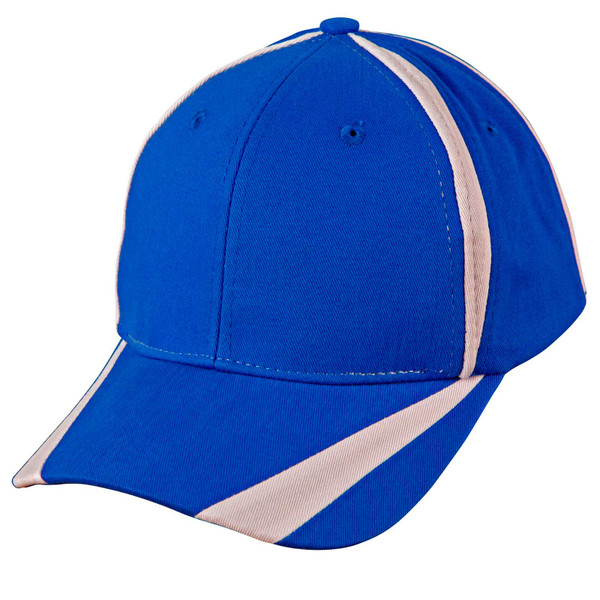 Royal blue cotton twill cap with white contrast stripes on crown and visor
