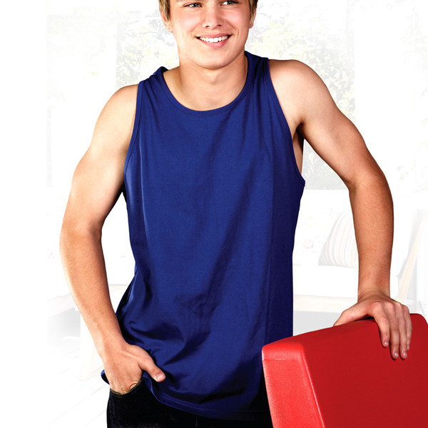 Royal blue sleeveless cotton singlet with contrasting navy side panels and relaxed fit