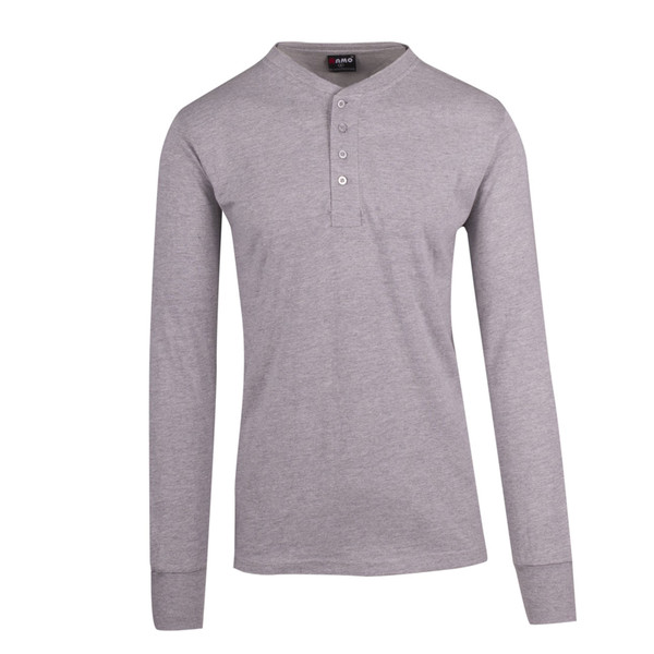 Grey marle long sleeve henley with button placket and contrast neckline detail