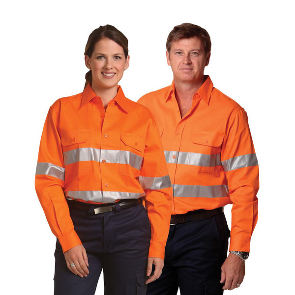 Orange high visibility work shirt with silver 3M reflective tape across chest and sleeves, paired with navy work pants