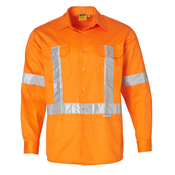 Orange hi-vis drill shirt with silver reflective tape in H-pattern configuration across chest and sleeves