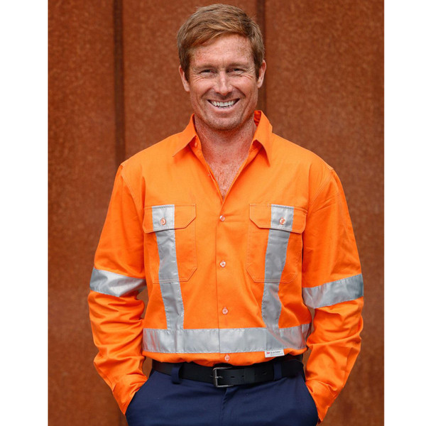 Orange hi-vis drill shirt with silver 3M reflective tape on chest, arms and waist, buttoned front with chest pockets