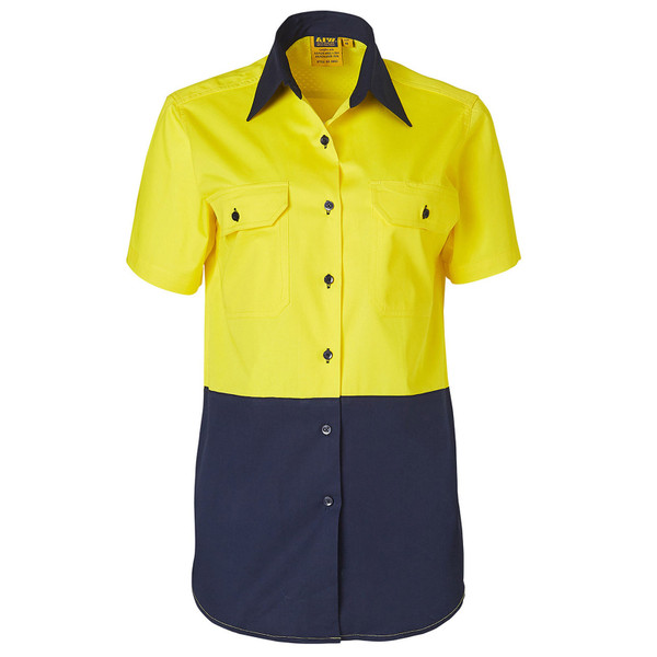 High visibility yellow and navy two-tone work shirt with chest pockets and contrast collar
