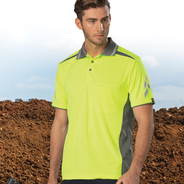 Hi-vis yellow polo with charcoal grey contrast panels, collar and side vents for decoration