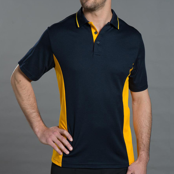 Navy polo shirt with gold side panels and collar tipping, featuring contrast placket detail
