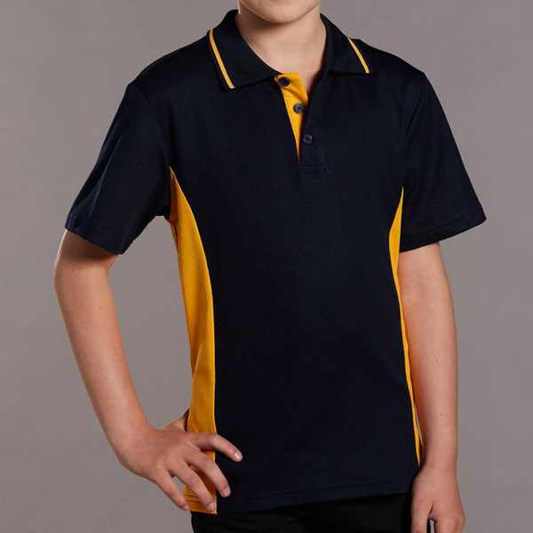 Navy polo with gold contrast side panels and collar trim, short sleeves