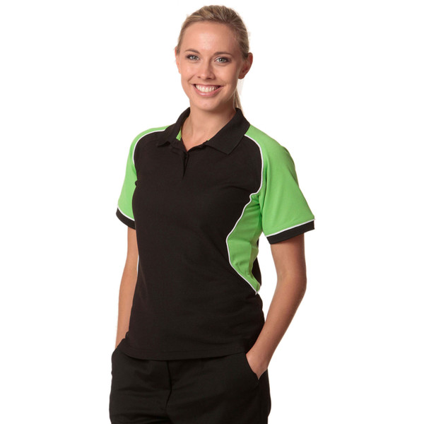 Black polo shirt with lime green raglan sleeves and white piping contrast detail