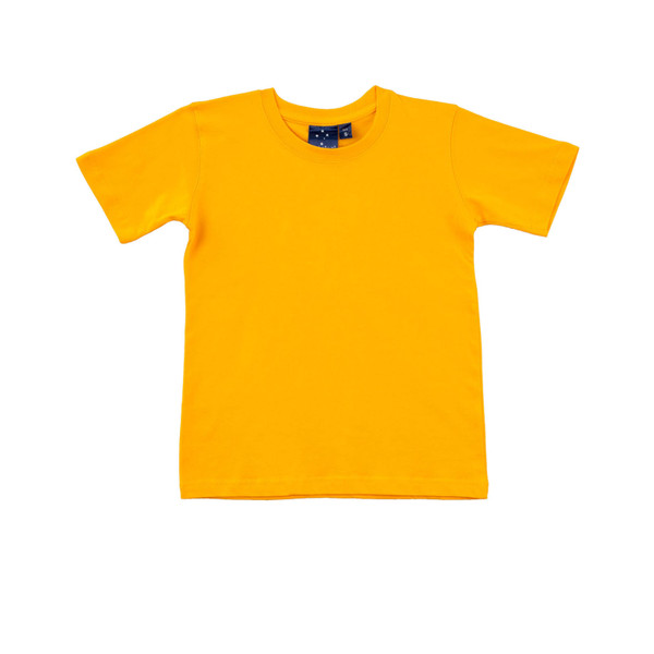 Gold Plain Perk unisex traditional cotton crew neck T-shirt, featuring shoulder seam tape and twin needle stitching for durability, ideal for screen printing and uniform use.