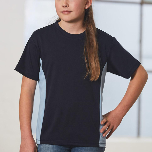 Navy blue and sky blue contrast panel kids t-shirt with crew neck and short sleeves