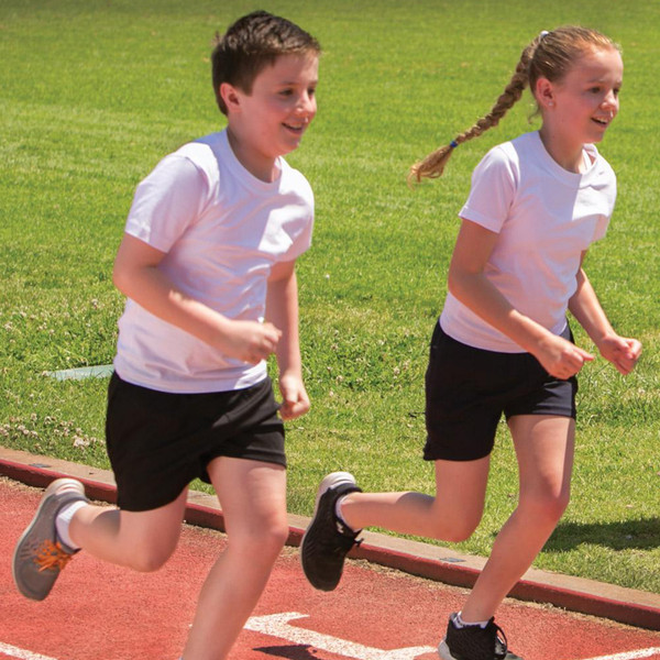 White cotton crew neck t-shirts with short sleeves worn with black athletic shorts on running track