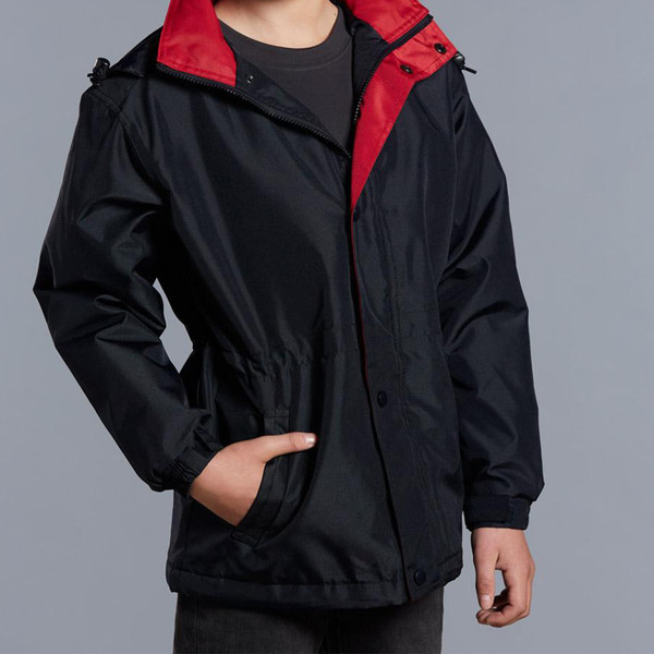 Black water-resistant jacket with red contrast lining and detachable hood, front pockets visible