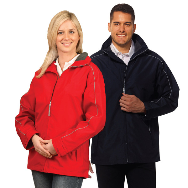 Man and woman wearing red and navy zip-up shell jackets with reflective piping and zip pockets