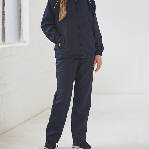 Child wearing navy polyester track pants with matching navy and gold zip jacket, straight leg fit