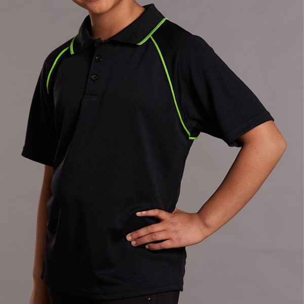 Black polo shirt with neon green contrast piping on raglan sleeves and collar