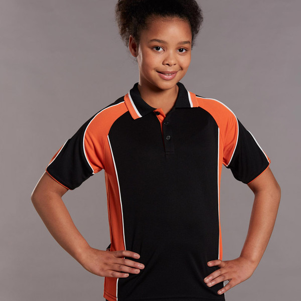 Plain LOKI kids' short sleeve polo shirt in CoolDry mini waffle knit with contrast panels, featuring moisture-wicking, anti-bacterial fabric, and UV protection for sports uniforms.