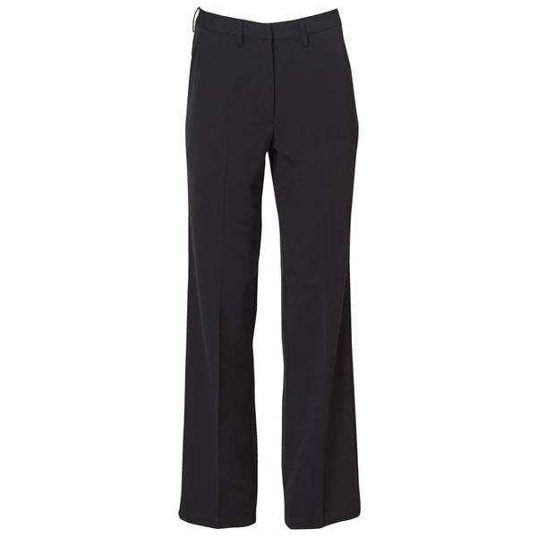 Black women's straight leg dress pants with permanent press finish and front crease detail