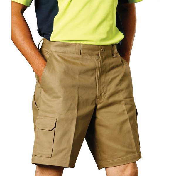 Khaki cargo shorts with side pockets and contrast safety yellow and navy polo shirt