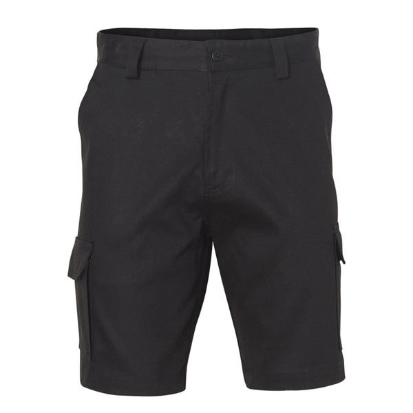 Charcoal grey cargo shorts with side pockets and belt loops laid flat on white background
