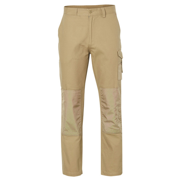 Khaki cargo work pants with reinforced Cordura knee panels and side cargo pocket