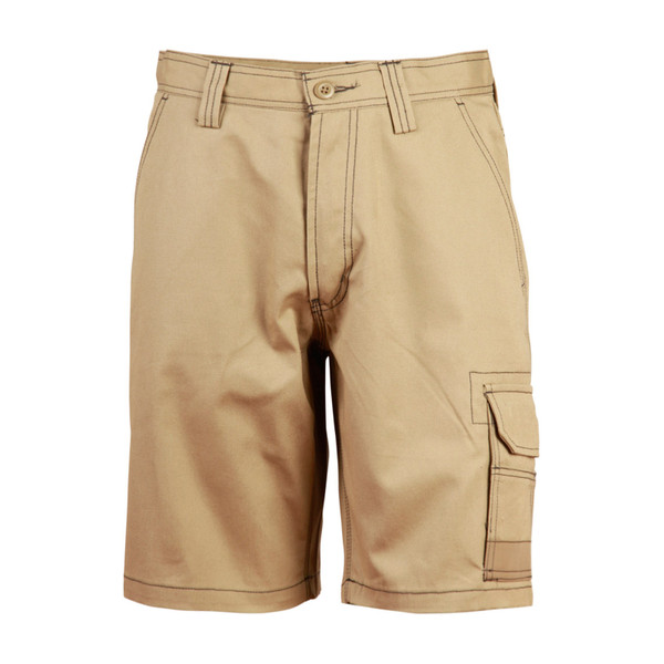 Sand coloured work shorts with cargo pocket on right leg and button waist closure