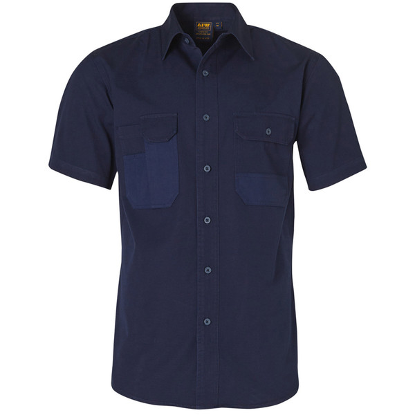 Navy short sleeve work shirt with twin chest pockets and button-through front