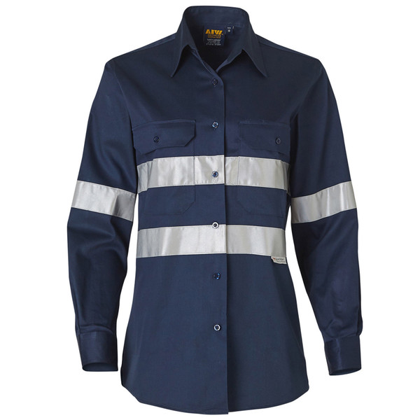 Navy blue women's long sleeve work shirt with silver reflective tape across chest and arms